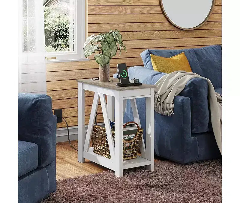 DEXYLLO Tables d'appoint pour salon, lot de 2 avec station de charge, tables d'appoint de canapé avec étagère de rangement ouverte, ensembles de tables d'appoint minces de style ferme