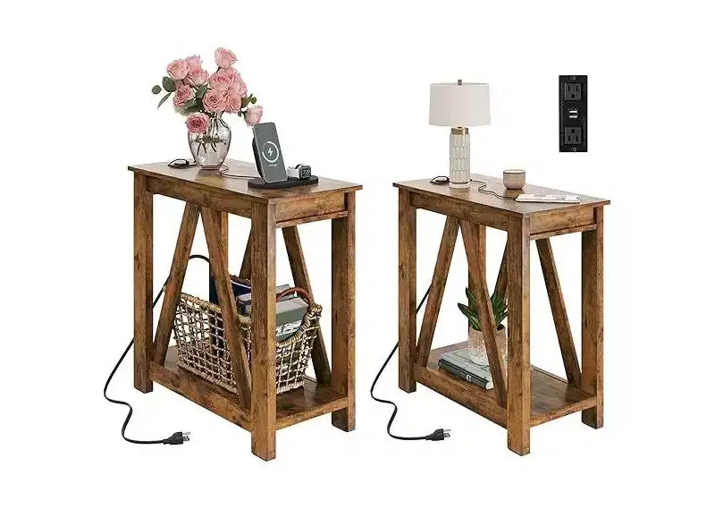 DEXYLLO Tables d'appoint pour salon, lot de 2 avec station de charge, tables d'appoint de canapé avec étagère de rangement ouverte, ensembles de tables d'appoint minces de style ferme