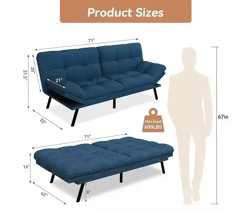 Dyonery Convertible Futon Sofa Bed with Adjustable Backrest & Removable Armrests, Foldable Sleeper Loveseat for Small Space Living Room