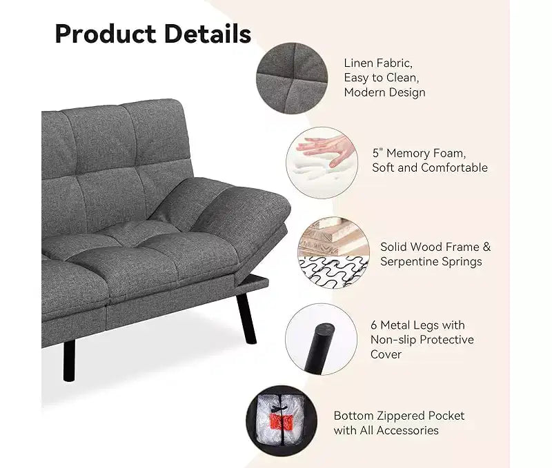 Dyonery Convertible Futon Sofa Bed with Adjustable Backrest & Removable Armrests, Foldable Sleeper Loveseat for Small Space Living Room