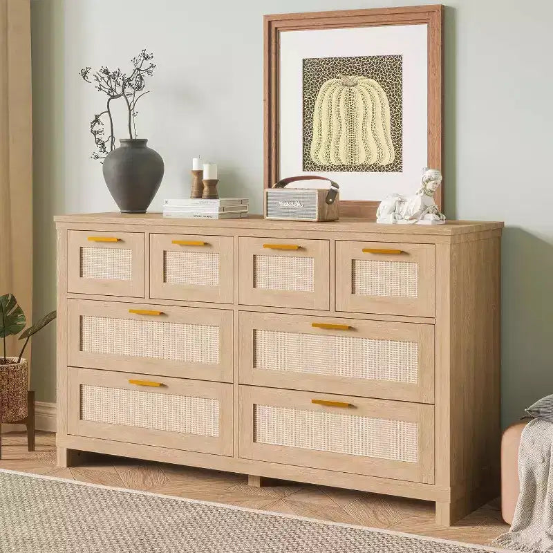 Acekool 8-Drawer Rattan Dresser, Boho Modern Chest with Woven Fronts & Storage Organizers for Bedroom, Hallway, Living Room - Natural