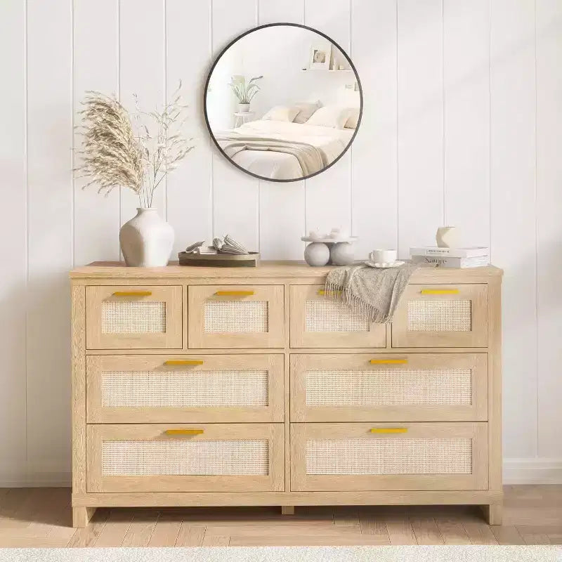 Acekool 8-Drawer Rattan Dresser, Boho Modern Chest with Woven Fronts & Storage Organizers for Bedroom, Hallway, Living Room - Natural
