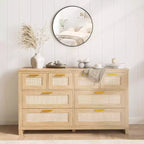 Acekool 8-Drawer Rattan Dresser, Boho Modern Chest with Woven Fronts & Storage Organizers for Bedroom, Hallway, Living Room - Natural