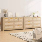 Acekool 8-Drawer Rattan Dresser, Boho Modern Chest with Woven Fronts & Storage Organizers for Bedroom, Hallway, Living Room - Natural
