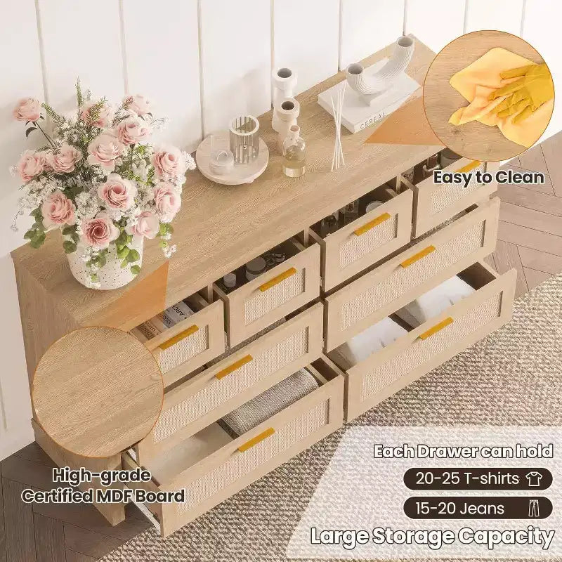Acekool 8-Drawer Rattan Dresser, Boho Modern Chest with Woven Fronts & Storage Organizers for Bedroom, Hallway, Living Room - Natural