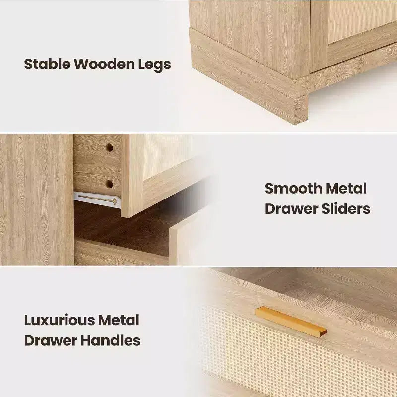 Acekool 8-Drawer Rattan Dresser, Boho Modern Chest with Woven Fronts & Storage Organizers for Bedroom, Hallway, Living Room - Natural