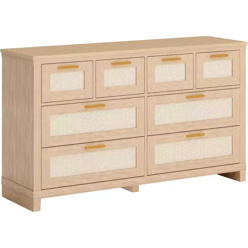 Acekool 8-Drawer Rattan Dresser, Boho Modern Chest with Woven Fronts & Storage Organizers for Bedroom, Hallway, Living Room - Natural