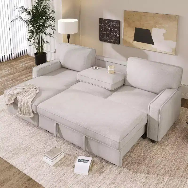 Canapé d'angle de luxe en U Okak avec rangement dissimulé, canapé 3 places rembourré avec 2 porte-gobelets, port USB pour salon, appartement