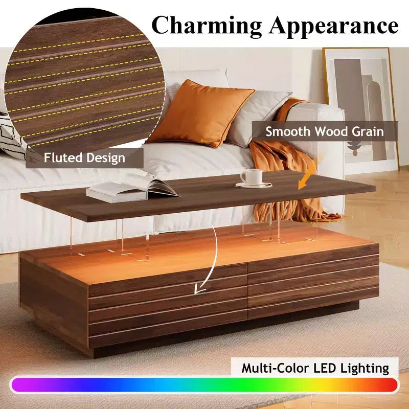 Okak 47.2 Table basse LED moderne, Table centrale rectangulaire à intensité variable intelligente avec 2 tiroirs cachés et commande tactile pour salon/cinéma maison
