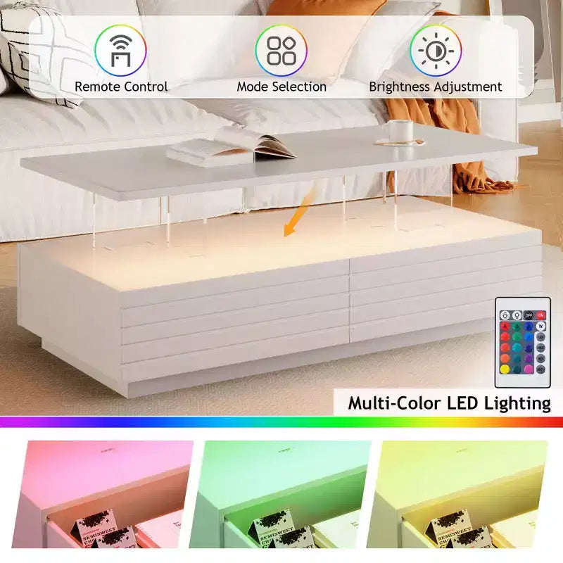 Okak 47.2 Table basse LED moderne, Table centrale rectangulaire à intensité variable intelligente avec 2 tiroirs cachés et commande tactile pour salon/cinéma maison