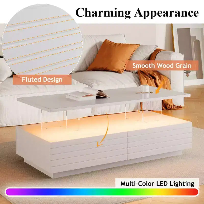 Okak 47.2 Table basse LED moderne, Table centrale rectangulaire à intensité variable intelligente avec 2 tiroirs cachés et commande tactile pour salon/cinéma maison