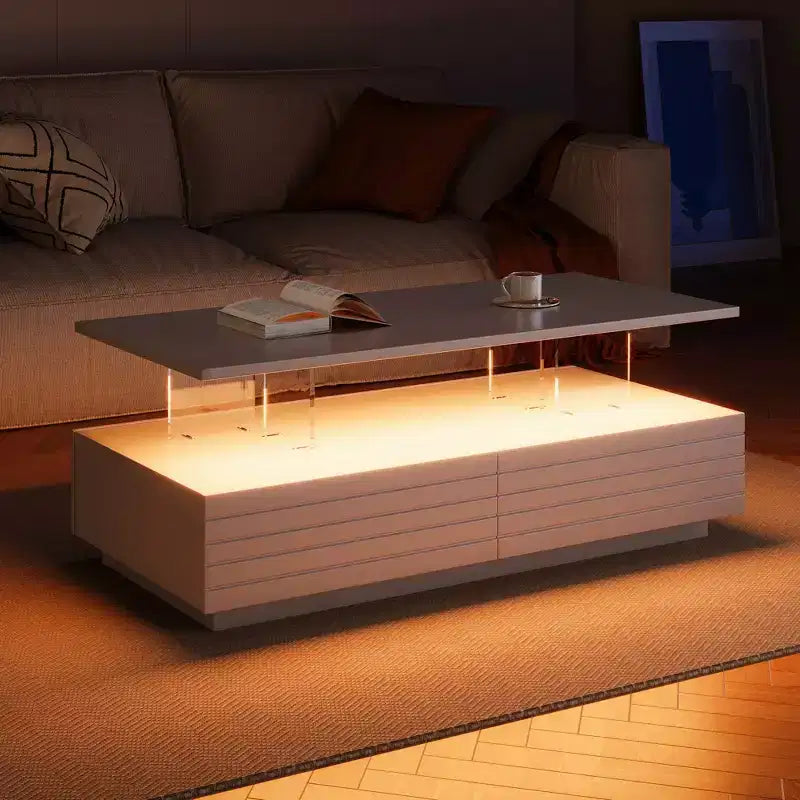 Okak 47.2 Table basse LED moderne, Table centrale rectangulaire à intensité variable intelligente avec 2 tiroirs cachés et commande tactile pour salon/cinéma maison