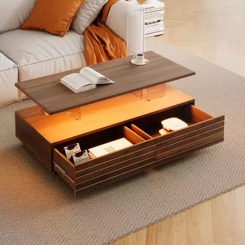 Okak 47.2 Table basse LED moderne, Table centrale rectangulaire à intensité variable intelligente avec 2 tiroirs cachés et commande tactile pour salon/cinéma maison