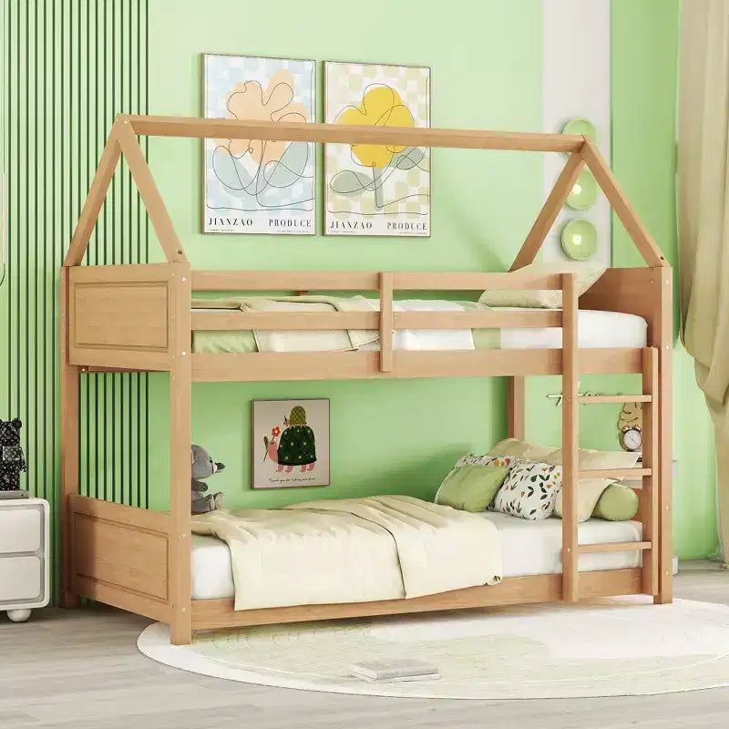 Lit superposé MAYEERTY en bois d'hévéa double avec échelle, barrières de sécurité, lit superposé en forme de maison, beige