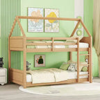 Lit superposé MAYEERTY en bois d'hévéa double avec échelle, barrières de sécurité, lit superposé en forme de maison, beige
