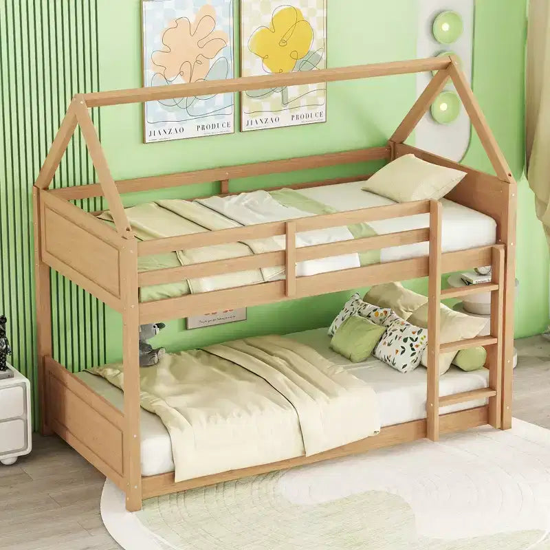 Lit superposé MAYEERTY en bois d'hévéa double avec échelle, barrières de sécurité, lit superposé en forme de maison, beige