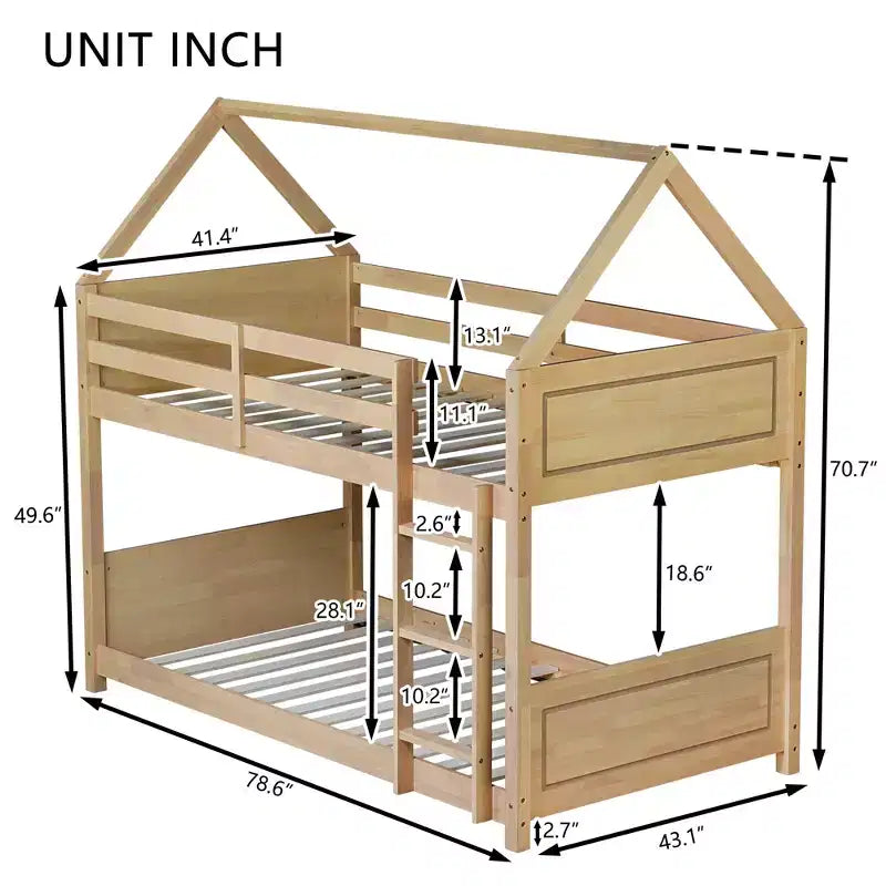 Lit superposé MAYEERTY en bois d'hévéa double avec échelle, barrières de sécurité, lit superposé en forme de maison, beige