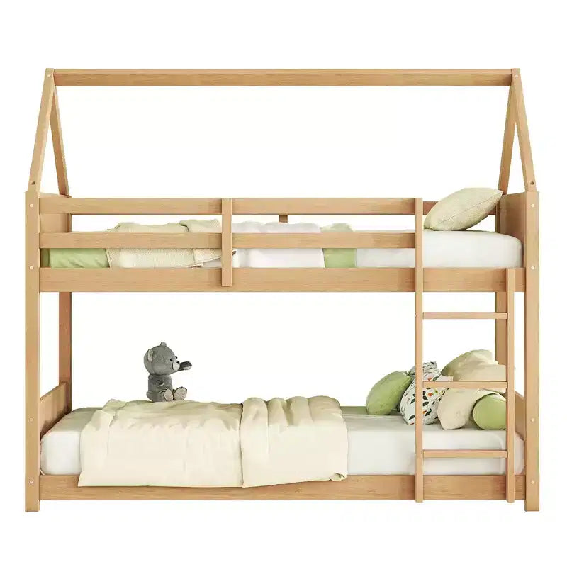 Lit superposé MAYEERTY en bois d'hévéa double avec échelle, barrières de sécurité, lit superposé en forme de maison, beige