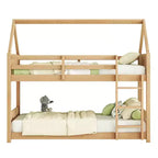 Lit superposé MAYEERTY en bois d'hévéa double avec échelle, barrières de sécurité, lit superposé en forme de maison, beige