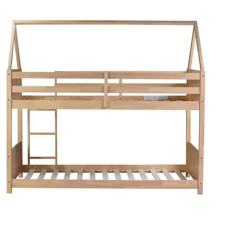 Lit superposé MAYEERTY en bois d'hévéa double avec échelle, barrières de sécurité, lit superposé en forme de maison, beige