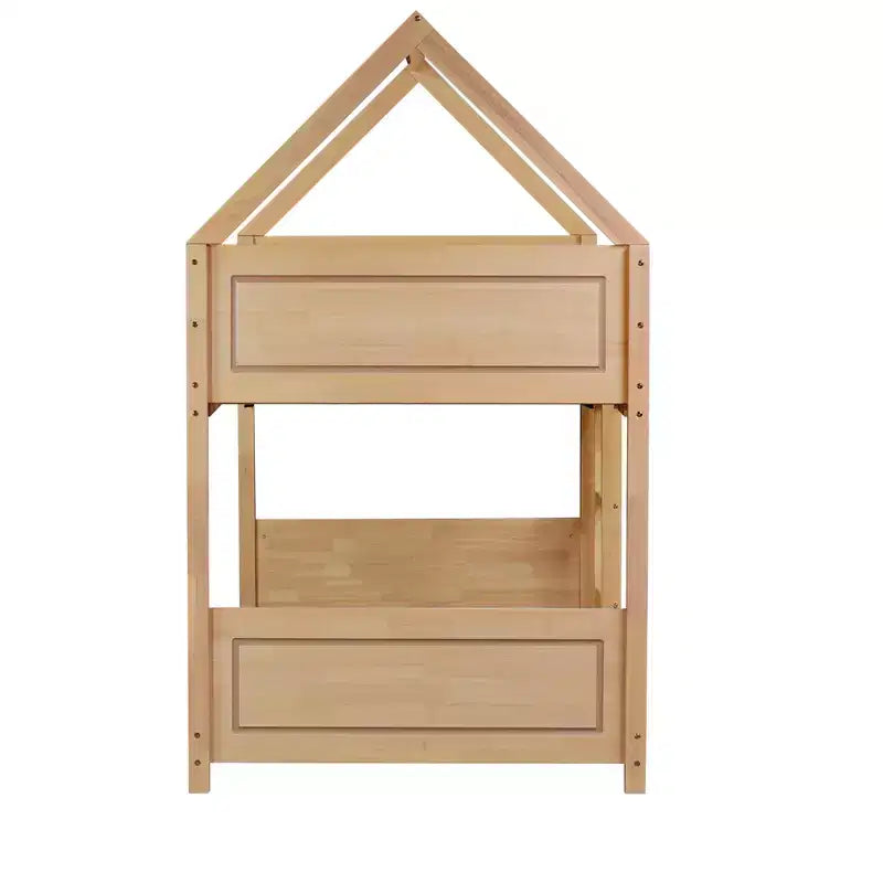 Lit superposé MAYEERTY en bois d'hévéa double avec échelle, barrières de sécurité, lit superposé en forme de maison, beige