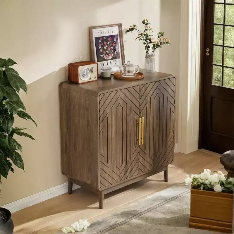 GDFStudio Hecarim Rustic Carved Doors Wood Storage Cabinet with Adjustable Shelves