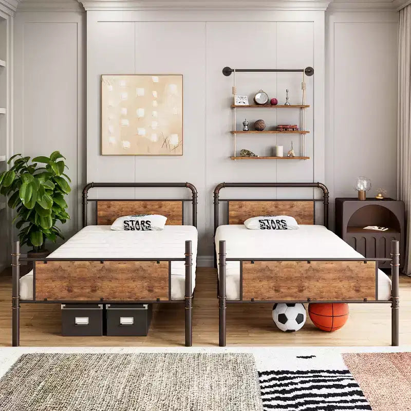Bunk Bed Twin Over Twin Metal Bunkbeds with Ladders and 16.6 Safety Guardrail, Twin Bunk Beds for Kids, Adults and Small Spaces, No Box Spring Needed