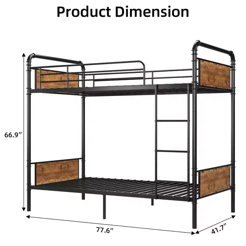 Bunk Bed Twin Over Twin Metal Bunkbeds with Ladders and 16.6 Safety Guardrail, Twin Bunk Beds for Kids, Adults and Small Spaces, No Box Spring Needed