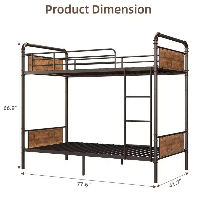 Bunk Bed Twin Over Twin Metal Bunkbeds with Ladders and 16.6 Safety Guardrail, Twin Bunk Beds for Kids, Adults and Small Spaces, No Box Spring Needed