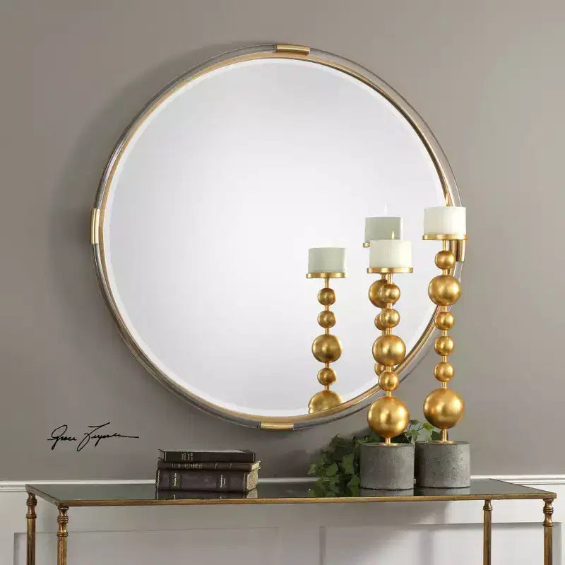 Uttermost Round Vanity Decorative Wall Mirror Beveled Metallic Gold Clear Acrylic Wood Frame 37 1/2 Wide for Bathroom Bedroom