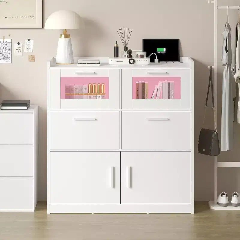VECELO Commode Blanche Haute Moderne Table de Maquillage avec Lumières LED et Station de Recharge