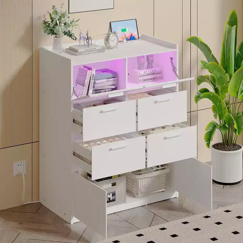 VECELO Commode Blanche Haute Moderne Table de Maquillage avec Lumières LED et Station de Recharge