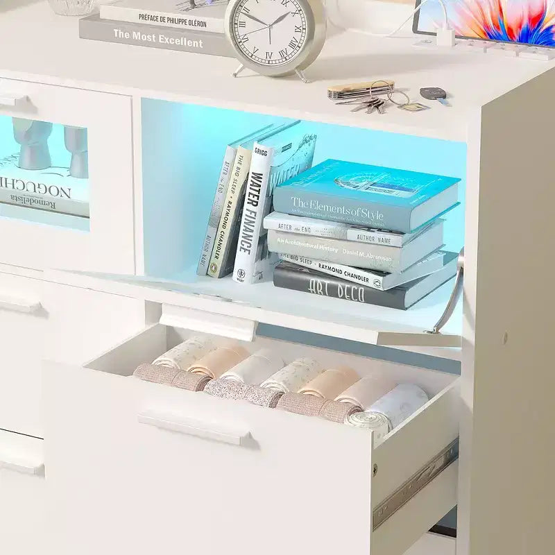 VECELO Commode Blanche Haute Moderne Table de Maquillage avec Lumières LED et Station de Recharge
