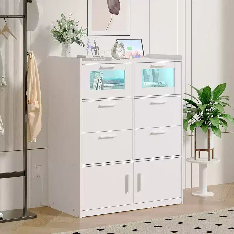 VECELO Commode Blanche Haute Moderne Table de Maquillage avec Lumières LED et Station de Recharge