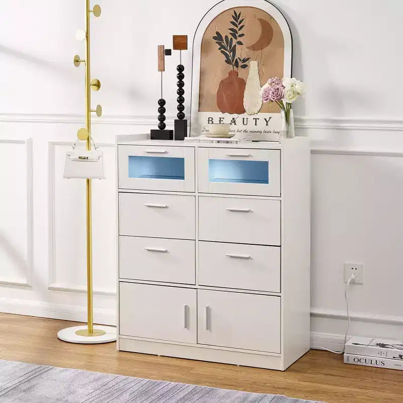 VECELO Commode Blanche Haute Moderne Table de Maquillage avec Lumières LED et Station de Recharge