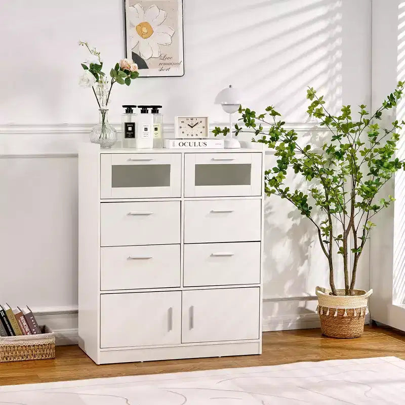 VECELO Commode Blanche Haute Moderne Table de Maquillage avec Lumières LED et Station de Recharge