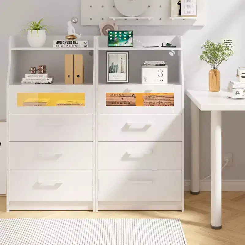 VECELO Commode Blanche Haute Moderne Table de Maquillage avec Lumières LED et Station de Recharge