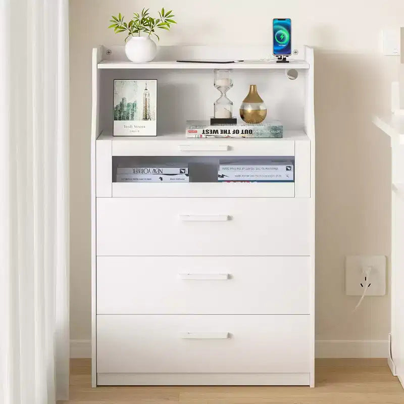 VECELO Commode Blanche Haute Moderne Table de Maquillage avec Lumières LED et Station de Recharge