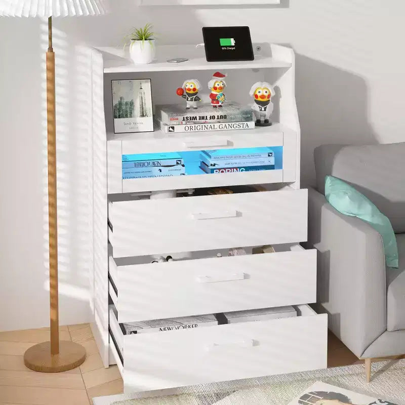 VECELO Commode Blanche Haute Moderne Table de Maquillage avec Lumières LED et Station de Recharge