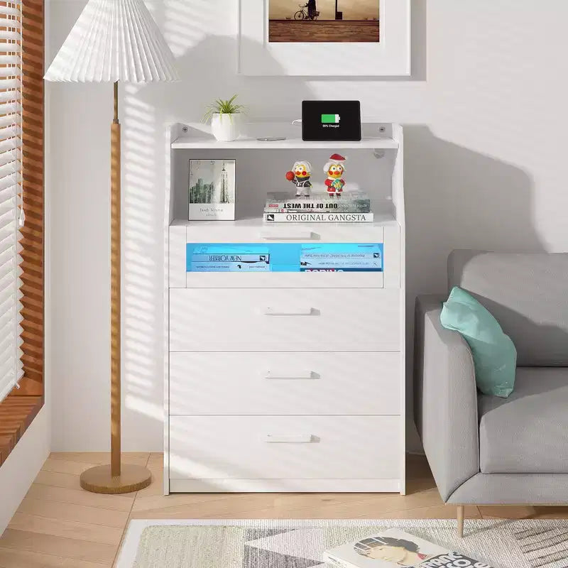 VECELO Commode Blanche Haute Moderne Table de Maquillage avec Lumières LED et Station de Recharge