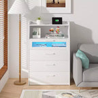 VECELO Commode Blanche Haute Moderne Table de Maquillage avec Lumières LED et Station de Recharge