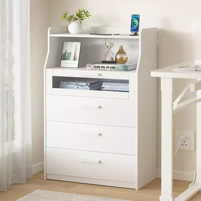 VECELO Commode Blanche Haute Moderne Table de Maquillage avec Lumières LED et Station de Recharge