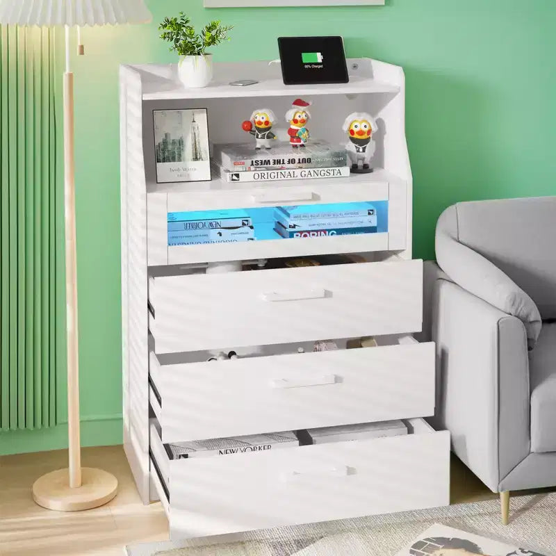 VECELO Commode Blanche Haute Moderne Table de Maquillage avec Lumières LED et Station de Recharge