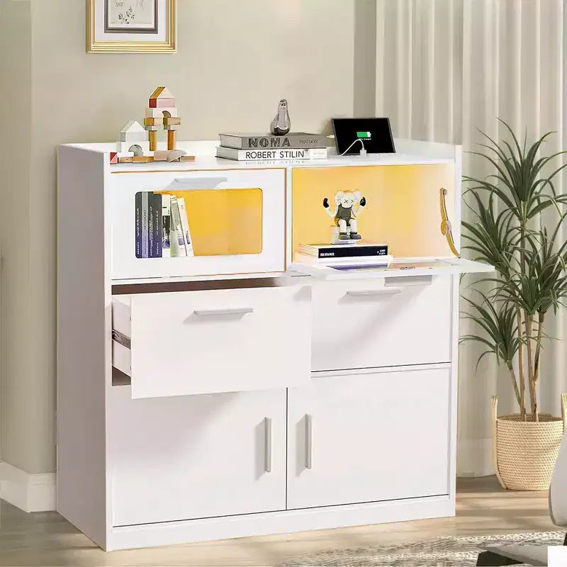 VECELO Commode Blanche Haute Moderne Table de Maquillage avec Lumières LED et Station de Recharge