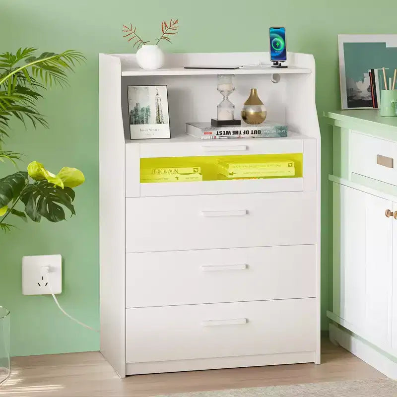 VECELO Commode Blanche Haute Moderne Table de Maquillage avec Lumières LED et Station de Recharge