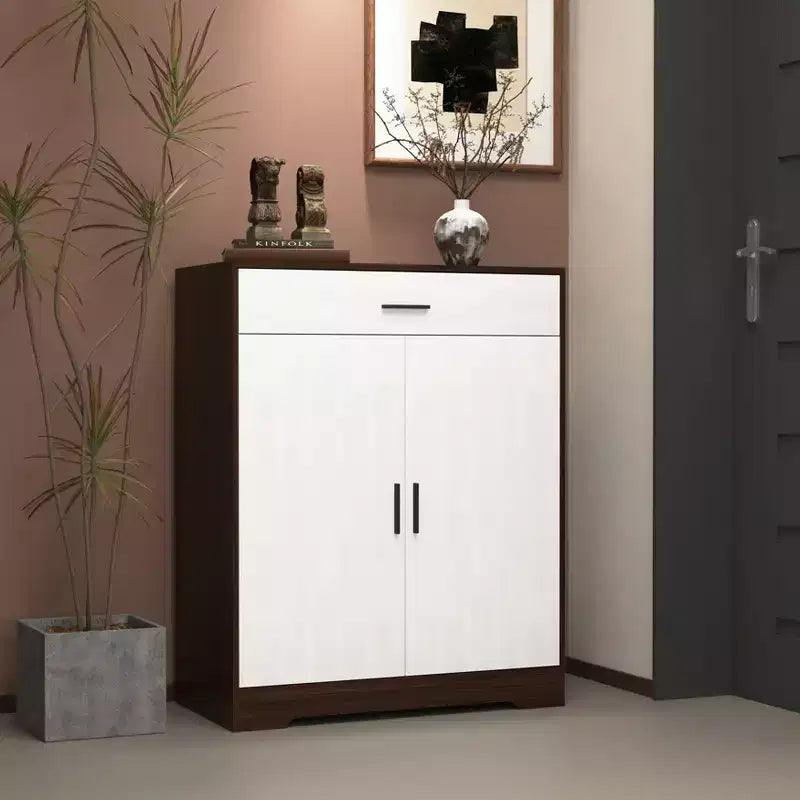 Meuble à chaussures MAYEERTY, étagère à 4 niveaux avec 1 tiroir, rangement autoportant en bois avec 2 portes blanches et étagères réglables pour l'entrée/le couloir