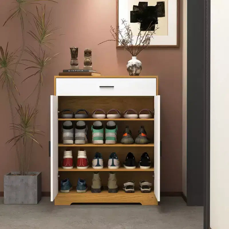 Meuble à chaussures MAYEERTY, étagère à 4 niveaux avec 1 tiroir, rangement autoportant en bois avec 2 portes blanches et étagères réglables pour l'entrée/le couloir