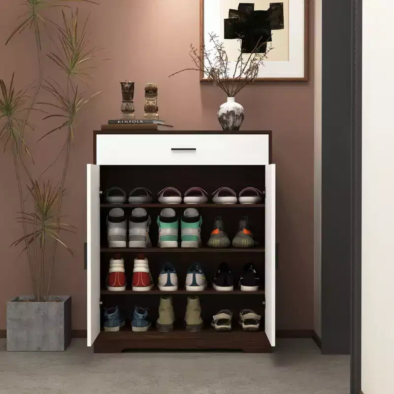 Meuble à chaussures MAYEERTY, étagère à 4 niveaux avec 1 tiroir, rangement autoportant en bois avec 2 portes blanches et étagères réglables pour l'entrée/le couloir