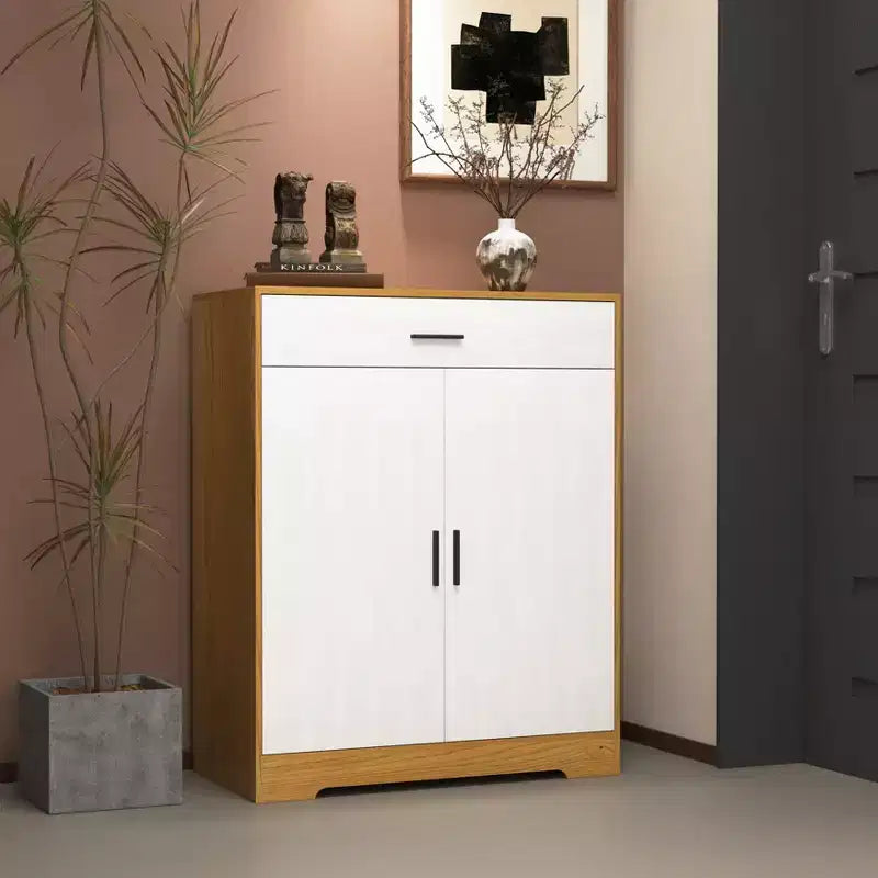 Meuble à chaussures MAYEERTY, étagère à 4 niveaux avec 1 tiroir, rangement autoportant en bois avec 2 portes blanches et étagères réglables pour l'entrée/le couloir