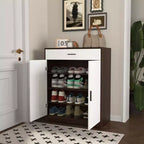 Meuble à chaussures MAYEERTY, étagère à 4 niveaux avec 1 tiroir, rangement autoportant en bois avec 2 portes blanches et étagères réglables pour l'entrée/le couloir